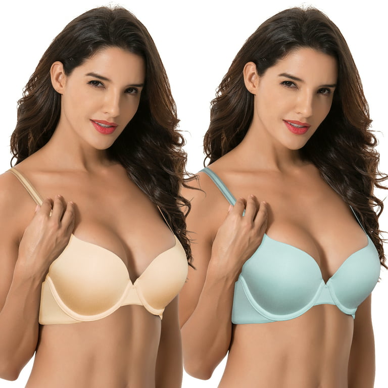 Curve Muse Women's Light Lift Add 1 Cup Push Up Underwire Convertible  Tshirt Bra-2PK-Nude,Lt Blue-42DDD 
