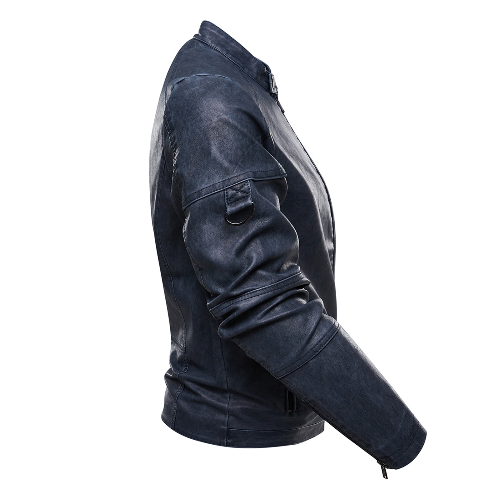 HAPIMO Leather Jacket Men's Casual Stand Collar Slim Leather Sleeve Flight Jacket Faux Leather Biker Jacket Blue L