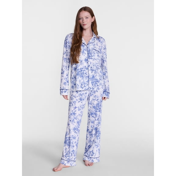 Joyspun Women’s Dreamy Soft Collection Notch Collar Top and Pants, 2-Piece Pajama Set, Sizes XS-3X