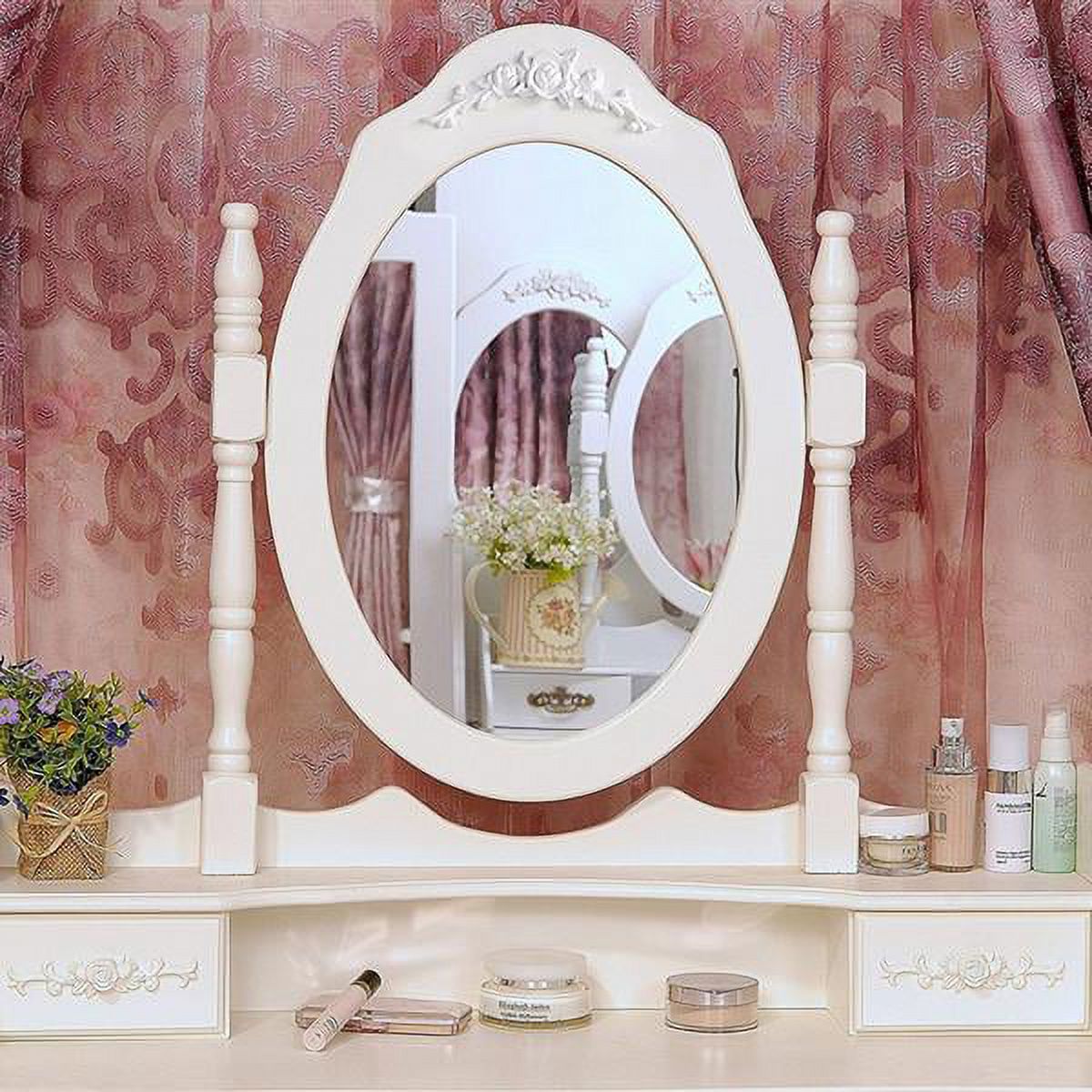 Modern Concise 4-Drawer 360-Degree Rotation Removable Mirror Dresser White =32759839