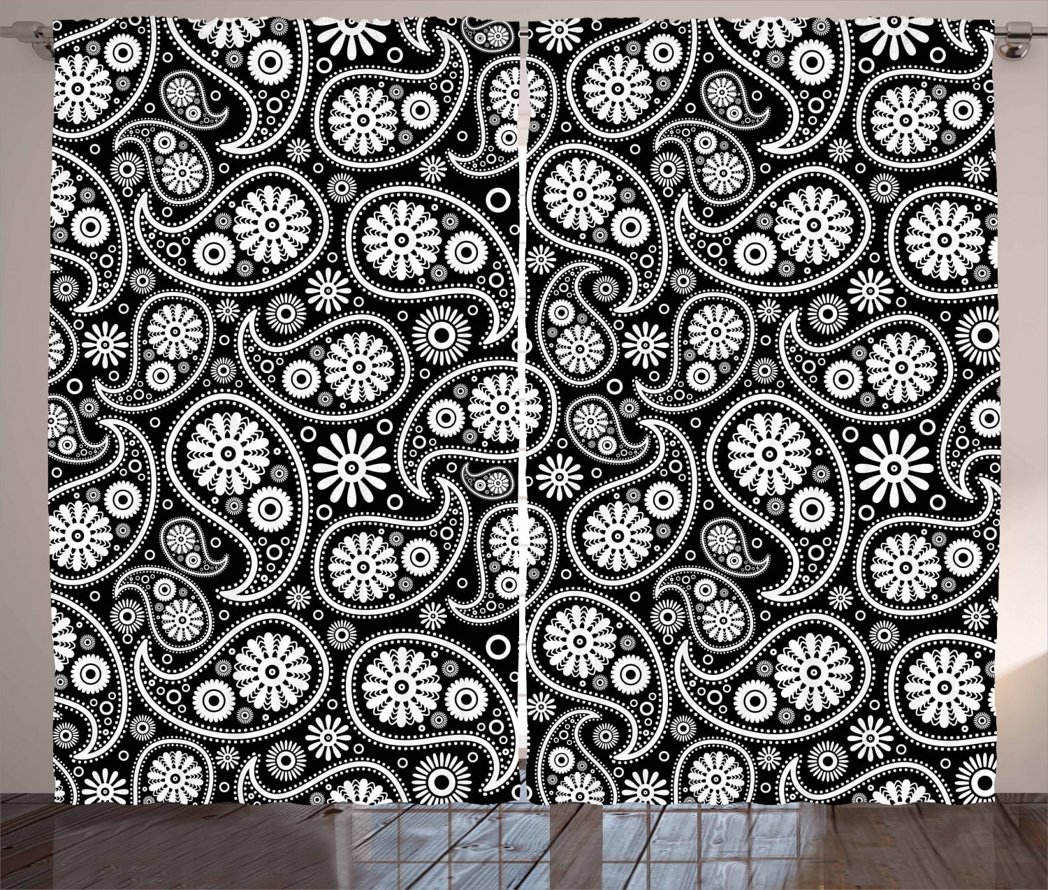 Black And White Curtains 2 Panels Set Nostalgic Paisley Teardrop