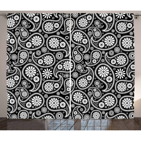 Black And White Curtains 2 Panels Set Nostalgic Paisley Teardrop