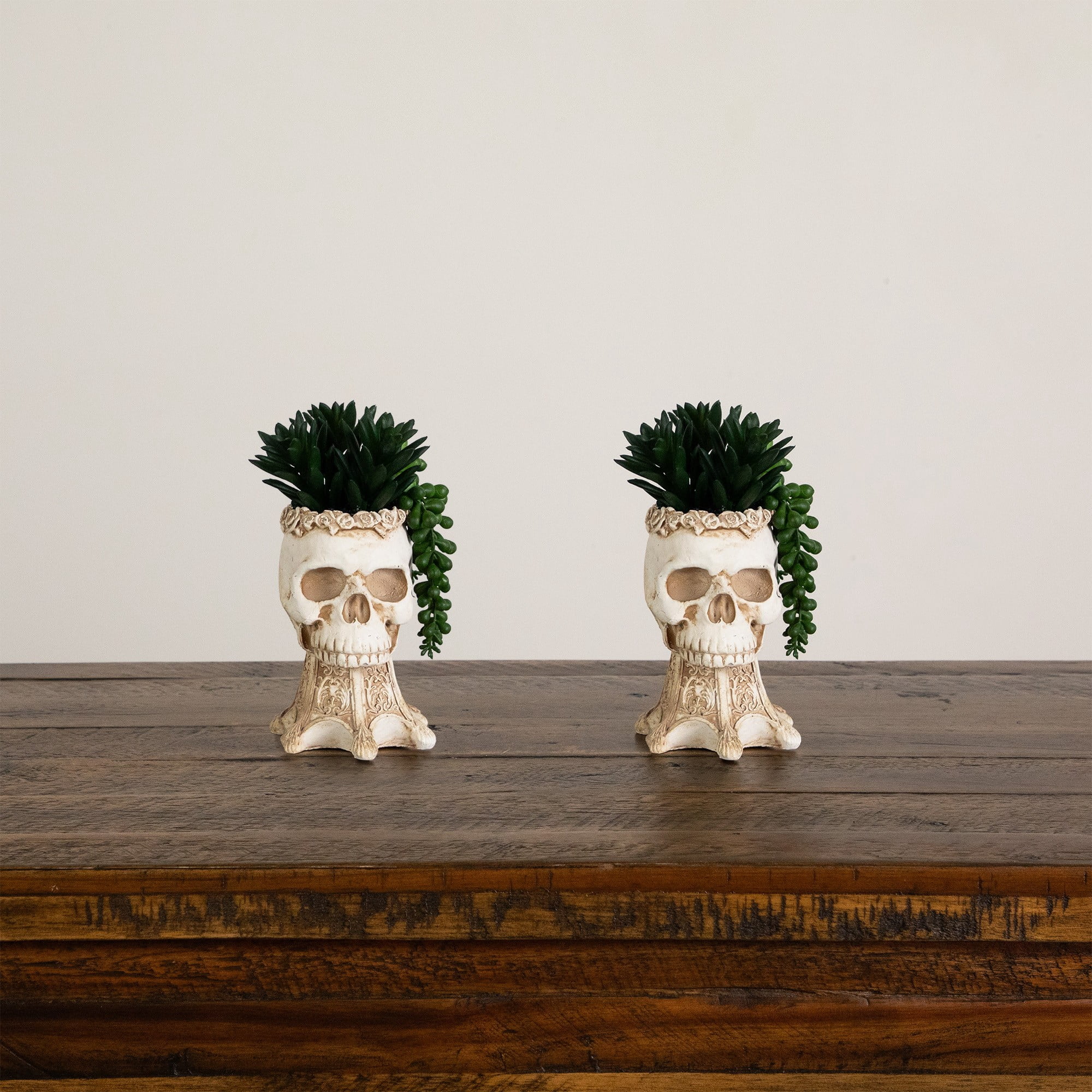 7in. Artificial Halloween Succulent Garden in Skull Planter - Set of 2