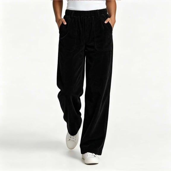 Bzdzmqm Women Corduroy Wide Leg Trousers Elastic Waist Casual Loose Long Pants with Pockets Travel Lounge Work Bottoms, Black L