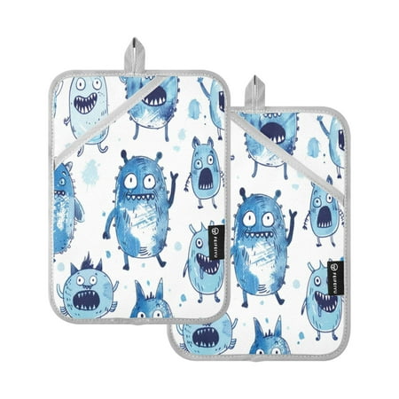 

Two Pieces Of Square Heat Insulation Pad Oven Mitts 7x9.8 Inch Oven Microwave Kitchen Cooking Baking Little Blue Cartoon Monsters Cute