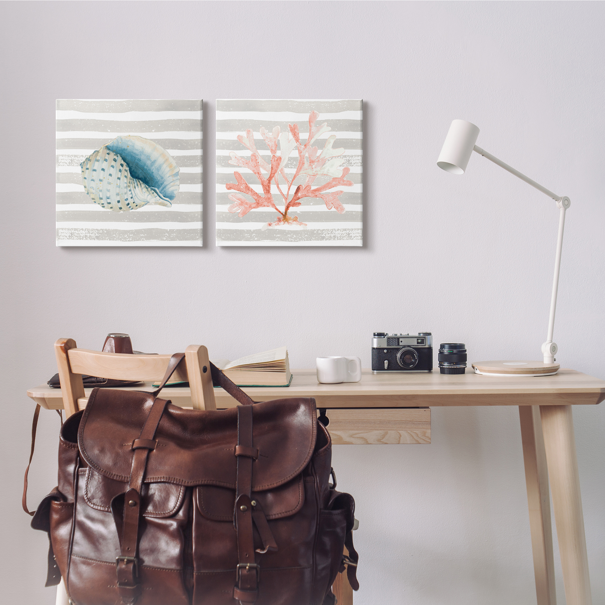 Stupell Indtries Nautical Curved Shell Pink Coral Distressed Beige Stripes,17 x 17,Design by Patricia Pinto