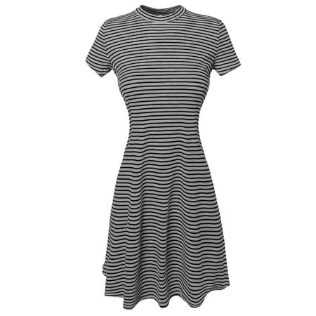 Trapeze Cocktail - FashionOutfit Women's Short Sleeve Keyhole Ribbed Striped Trapeze Dress