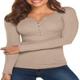 thumbnail image 1 of Opperiaya Women Spring T-Shirt Solid Color Henley Neck Long Sleeve Pullover, 1 of 9