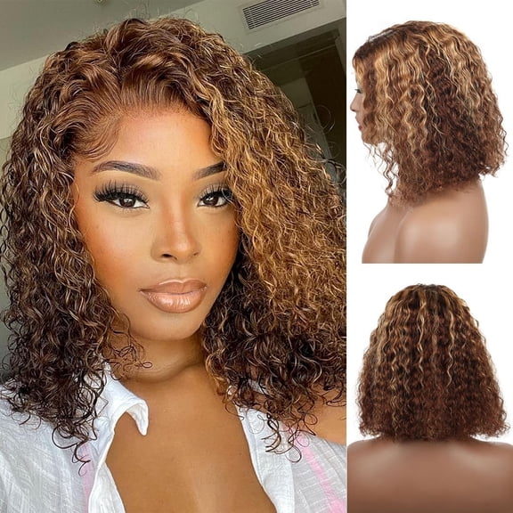 Wear and Go Glueless Wigs Human Hair Pre Plucked Pre Cut Highlight 4/27 Deep Wave Wigs for Black Women Human Hair Bob Wig with Elastic Band Upgraded 4x4 Lace Closure Human Hair Wigs (14Inch)