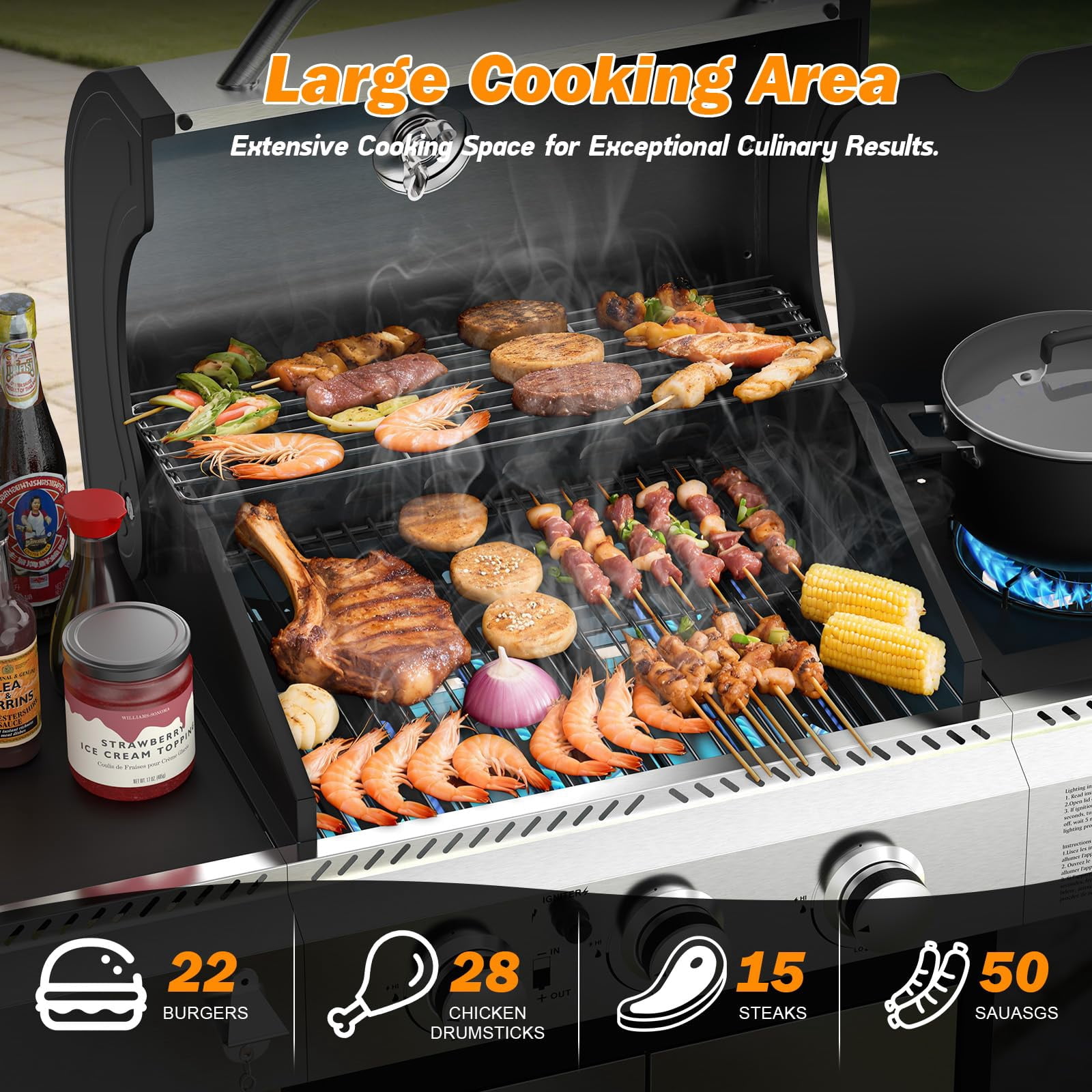 4-Burner Propane Gas BBQ Grill with Side Burner, 37,000 BTU Stainless Steel Construction with Porcelain-Enameled Grates for Outdoor Cooking, Camping, and Patio Backyard