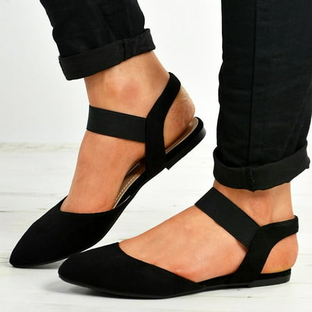 

HIBRO Women s Ladies Summer Solid Pointed Toe Elastic Band Flat Sandals Roman Shoes