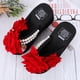 thumbnail image 2 of Chanclas planas con flores a la moda, sandalias de playa de verano, elegantes y delicadas para mujer y niña (negro, 41 yardas, EU40, US8.5, UK6), 2 of 5
