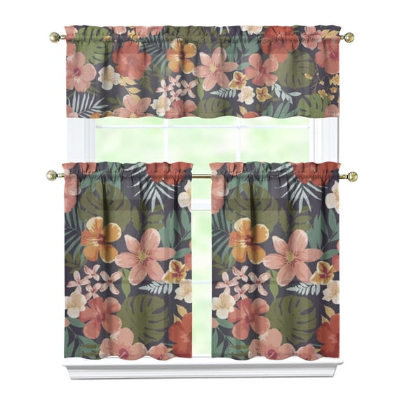 Abstract Floral Watercolor Kitchen Curtains Set Tier and Valance, Vintage Botanical Small Floral Retro Print, Tropical Boho Bloom Pattern with Artistic Design for Kitchen or Dining Room