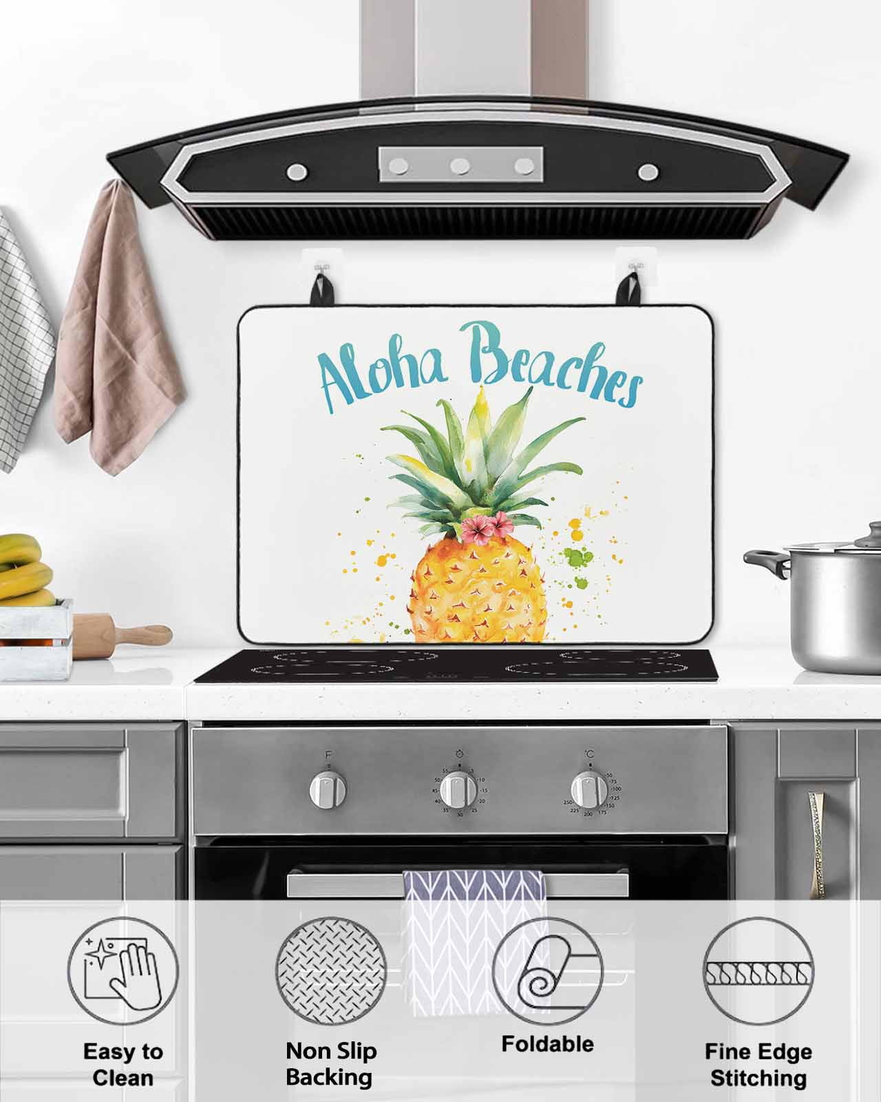 nqOlkjepod Large Induction Cooktop Protector Mat 24"x21", Summer Pineapple Stove Top Covers for Electric Stove, Watercolor Modern Art Tropical Fruit Stove Burner Cover Mats, Glass Top Stove Cover