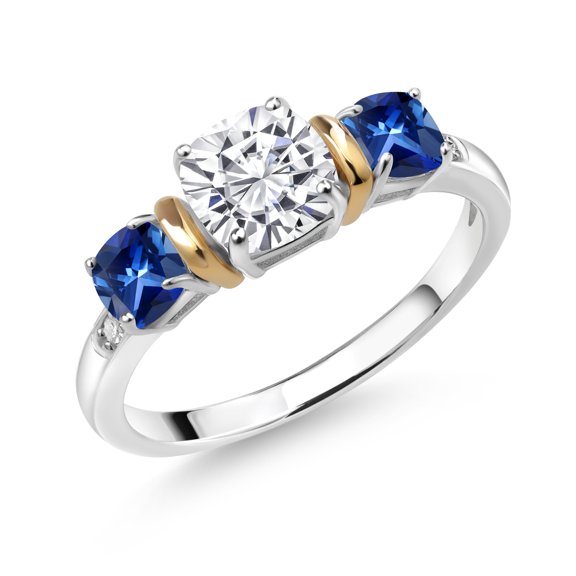 Gem Stone King 925 Silver and 10K Yellow Gold Blue Created Sapphire Diamond 3-Stone Ring Set with Moissanite (1.81 Cttw) (Size 9)