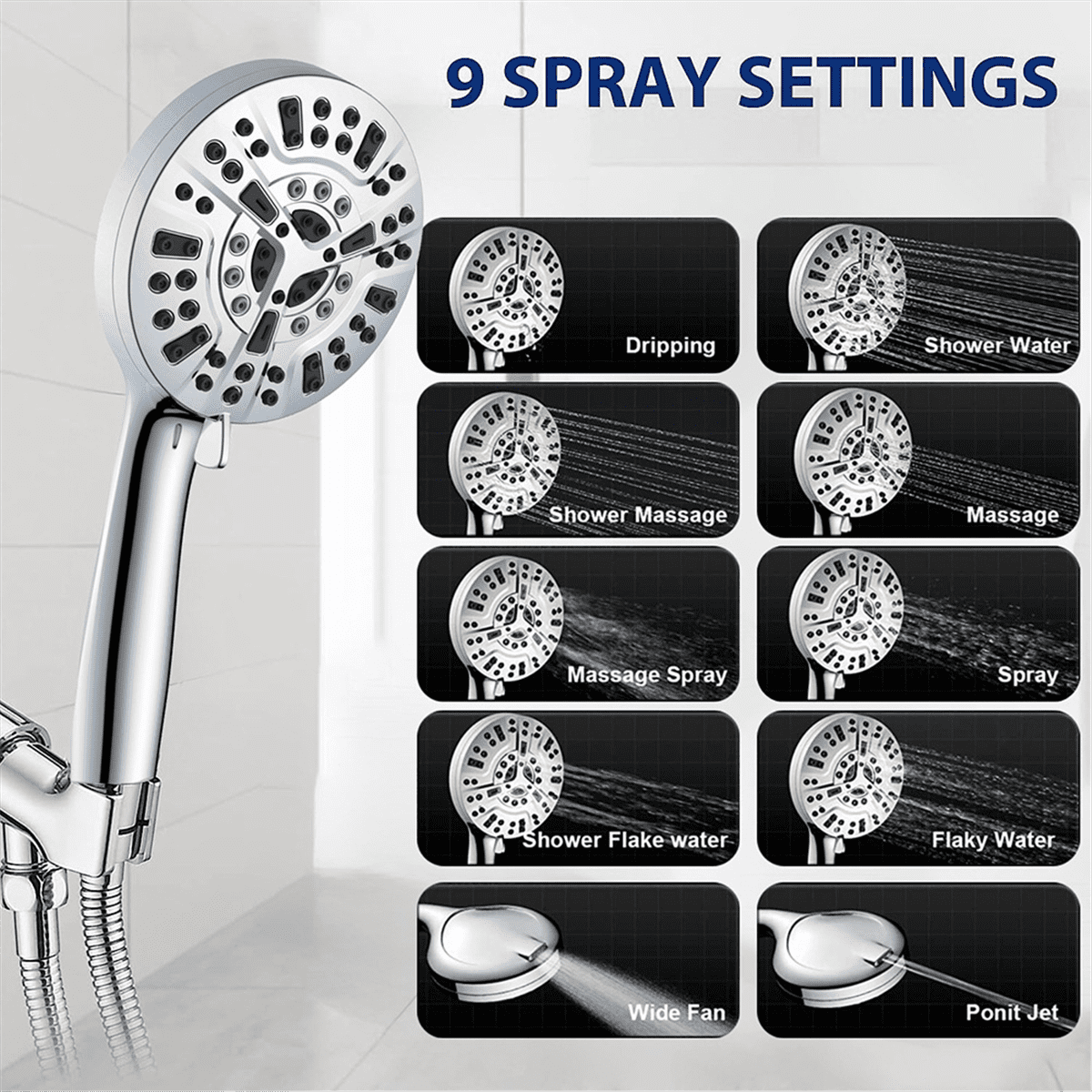 All Metal Bathtub Faucet with 9 Sprayer Settings, Chrome , with Built-in Diverter and Universal Fit Adapters