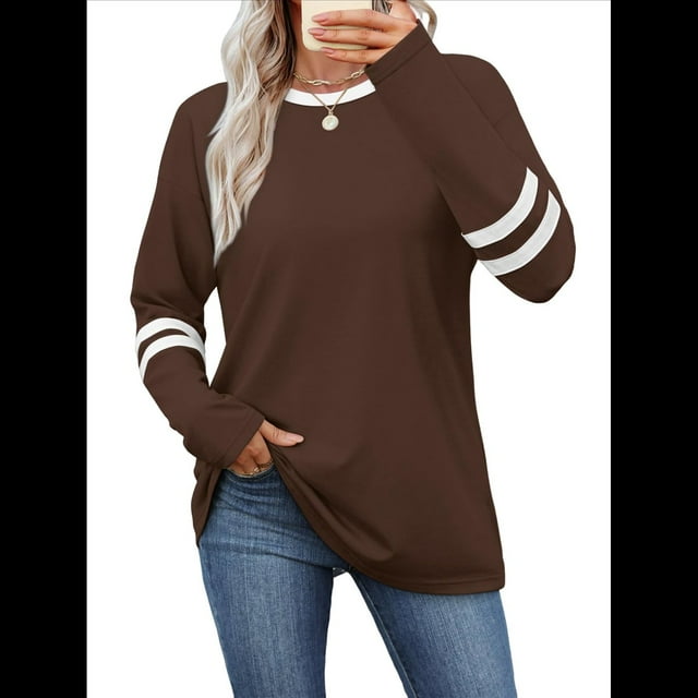 Camisas de Larga para Mujer, Blusas Casuales con Bloques de Color, Conjuntos de Otoño, Camisetas Básicas, Ropa de Moda Marrón XXL