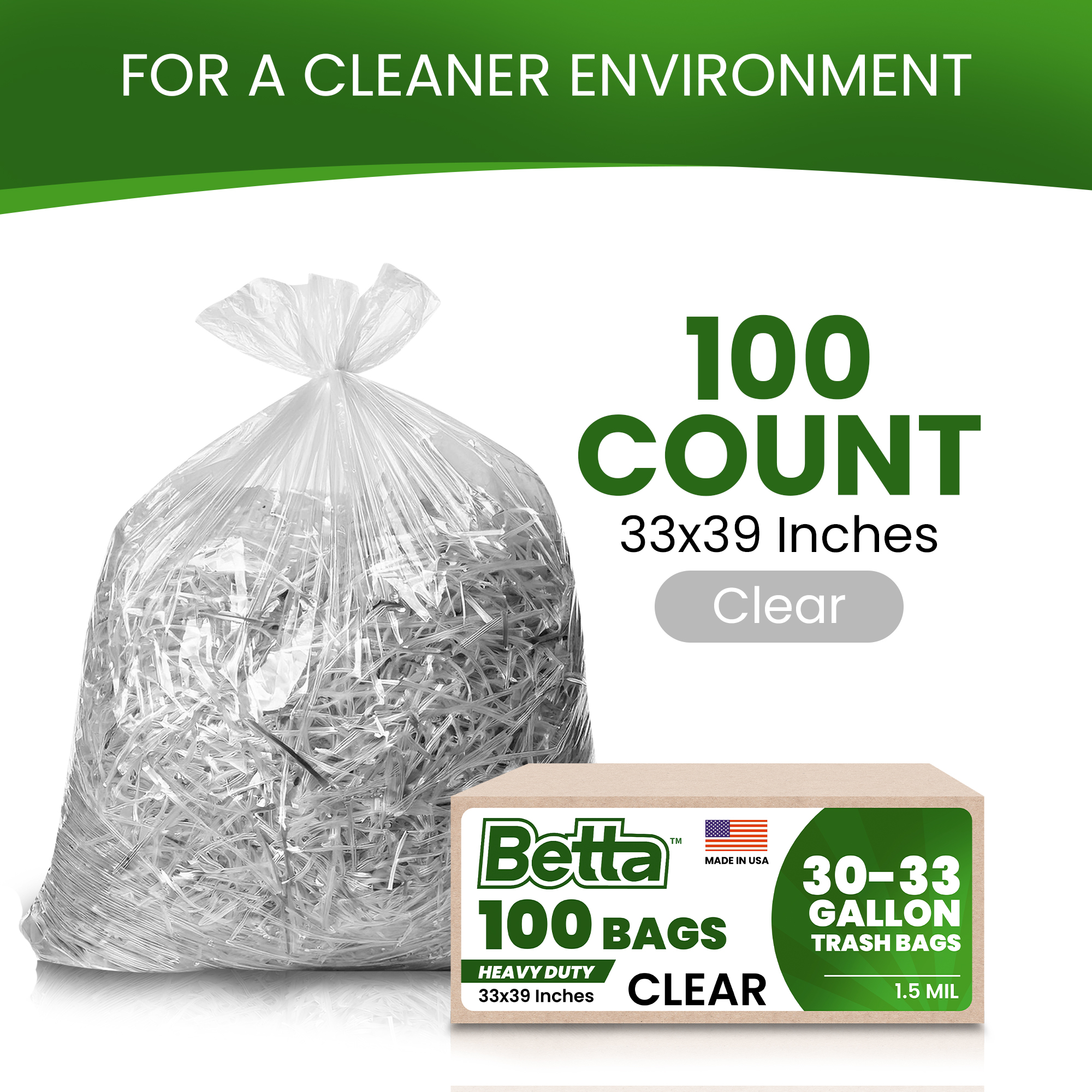 Betta 30-33 Gallon Clear Trash Bags, 100 Count Box, (33x39-inch) Commercial Heavy-Duty Garbage Can Liners