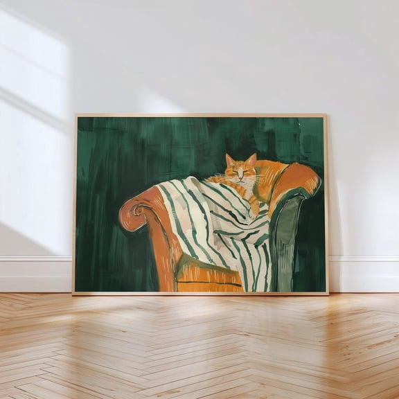 Sleeping Cat Horizontal Wall Art Contemporary Art Minimalist Print Living Room Dark Green Wall Art Stripe Kitten Wall Art, Modern Wall Decor, 8x12 UNFRAMED