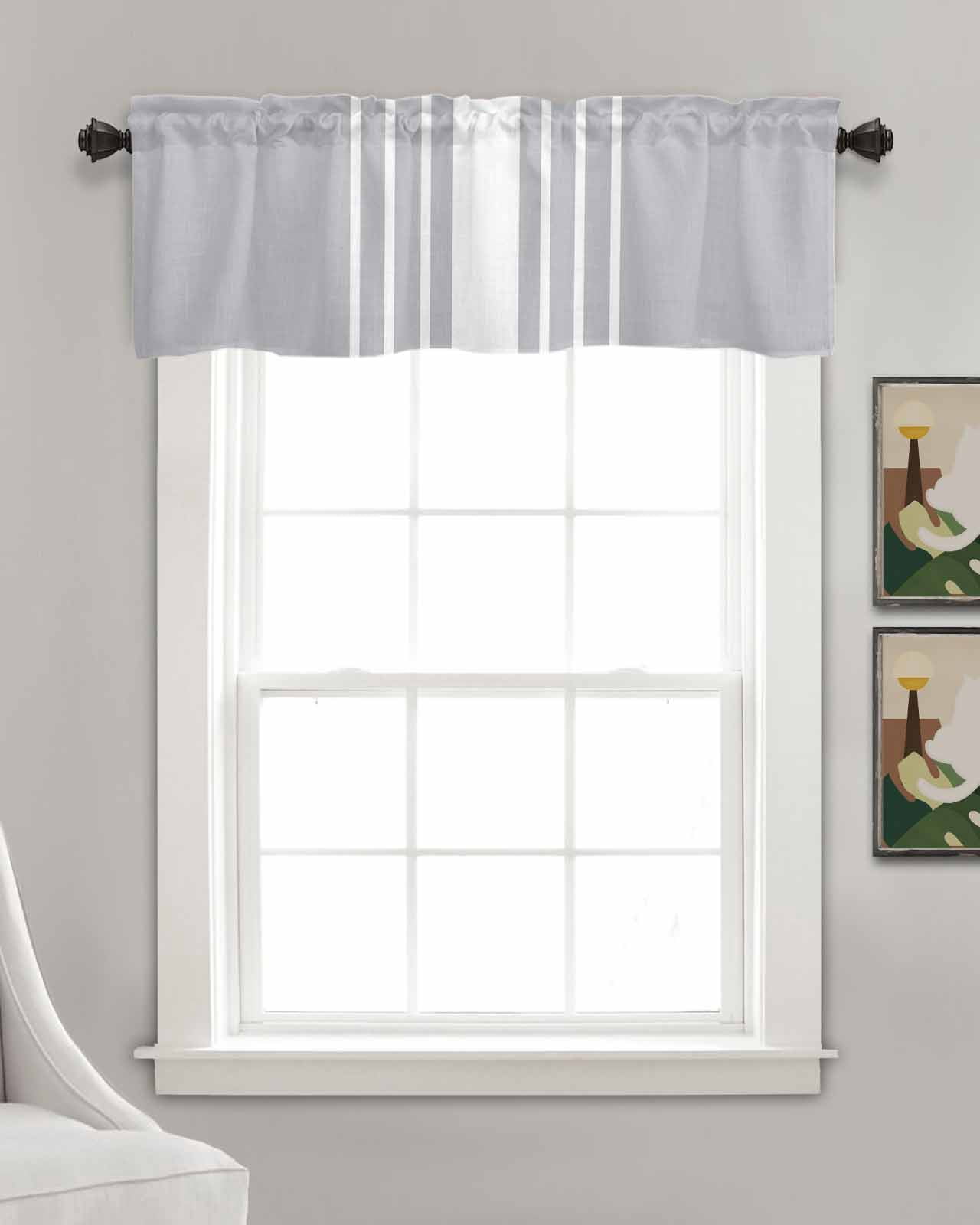 Light Grey Striped Kitchen Valances for Windows Farmhouse Linen Window Valance Curtain for Living Room Window Treatment White Simple Neutral Modern Valance Rod Pocket Topper Drape, 54 x 18 Inch