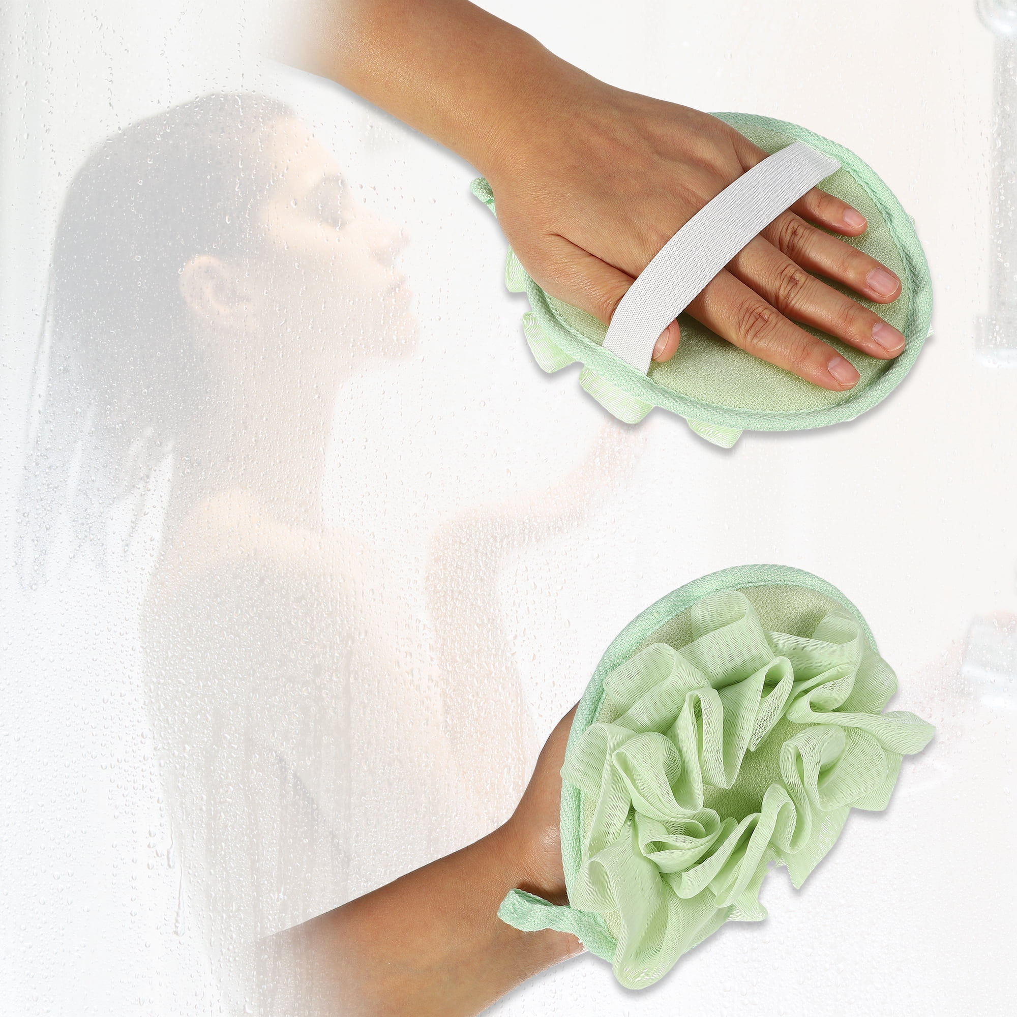 Unique Bargains Sponge Mesh Gloves with Flower Bath Ball Green
