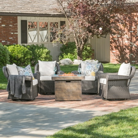 Augustin Outdoor 5 Piece Dark Brown Wicker Rocker And Gas Fire Pit Set