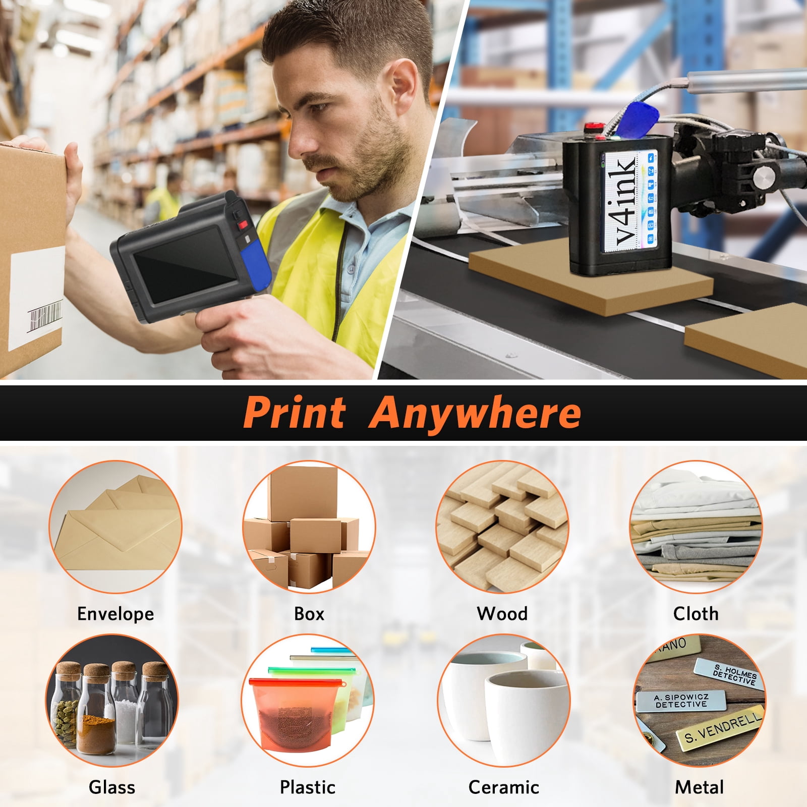 v4ink BT-HH6105B3 Portable Handheld Inkjet Printer labeler Coding Machine Print Height 0.09-0.5 inch for Barcode QRCode Text Date Logo Picture