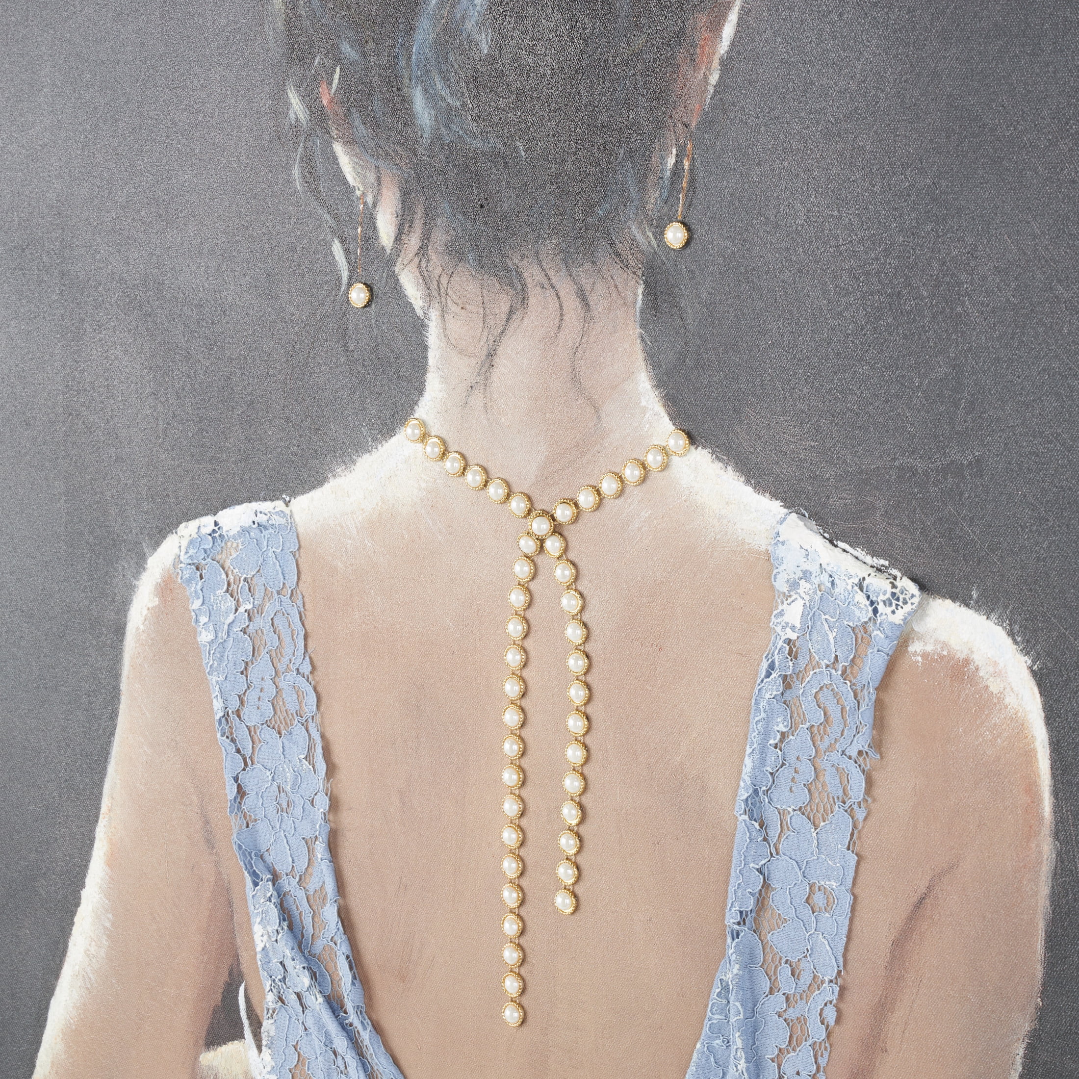 36" x 48" Woman Framed Wall Art with 3D Blue Fabric Dress and Gold Jewels, by DecMode