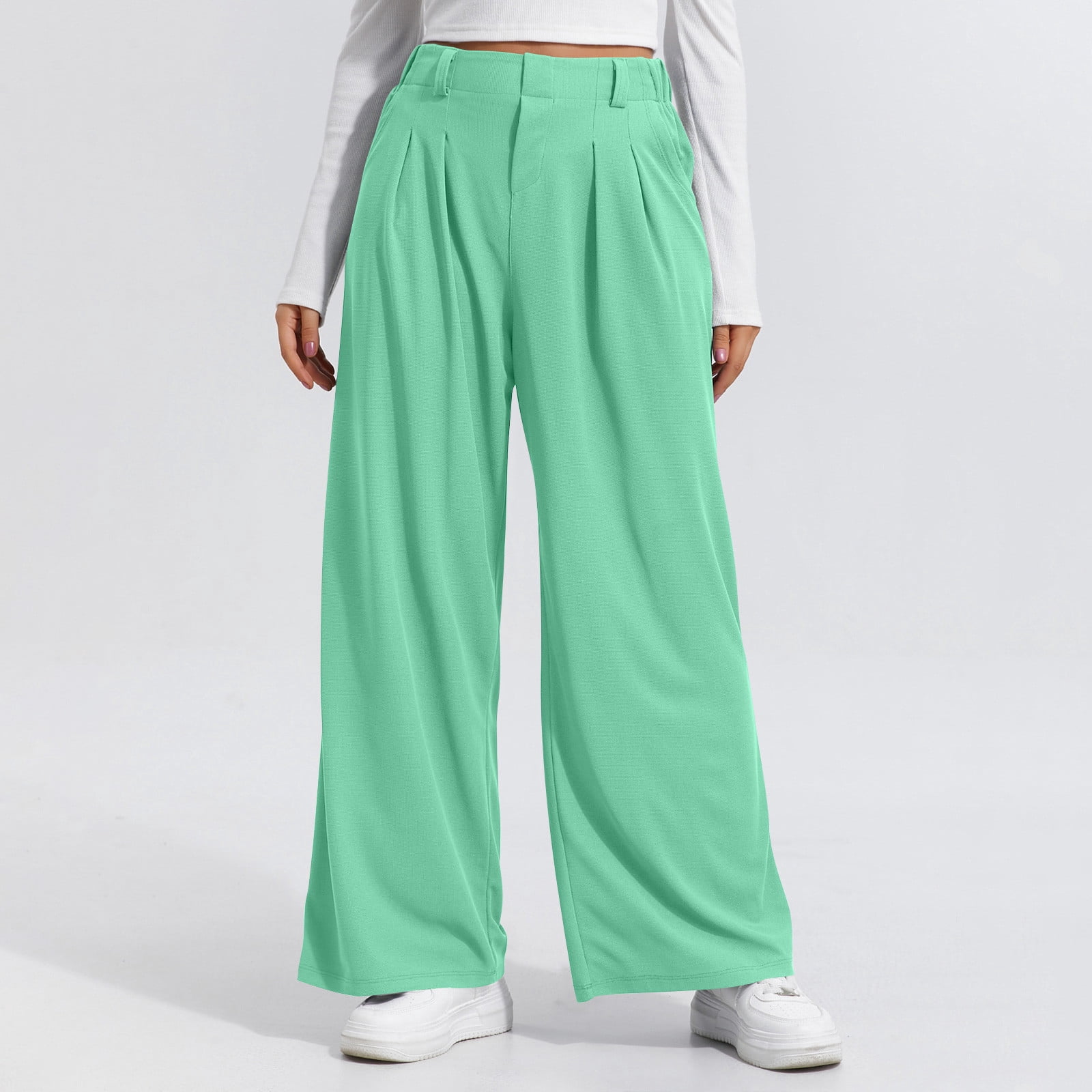 mint green dress pants women Qolati Wide Leg Dress Pants Women Stretchy Pleated Front Lounge Work Pants Baggy Plain Pull On Business Casual Trousers Slacks with Pockets Mint Green