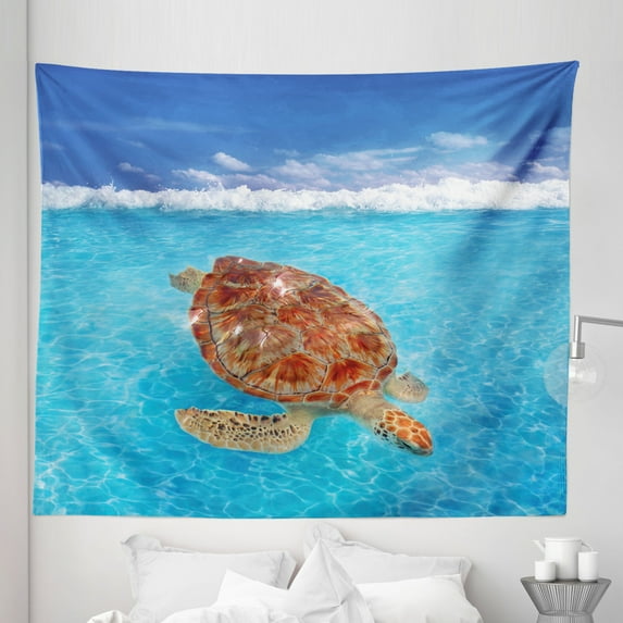 Turtle Tapestry, Sea Turtle Chelonia Mydas on Water Surface Caribbean Beach Tropics, Fabric Wall Hanging Decor for Bedroom Living Room Dorm, 5 Sizes, Violet Blue Pale Brown, by Ambesonne