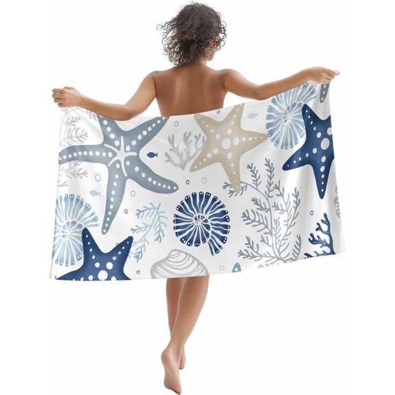 Pretty Beach Towel Blue Starfish Bath Pool Towels Marine Life Ocean Coastal Soft Absorbent Beach Towels Quick Dry Lightweight Camping Travel Yoga Gym Swim Towels for Adult