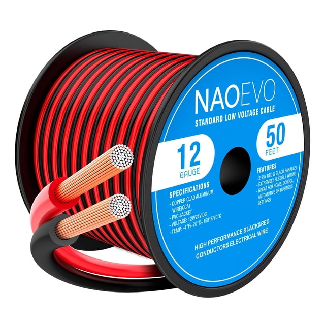 Cable eléctrico NAOEVO, calibre 12, 50 pies, 2 conductores, rojo y negro