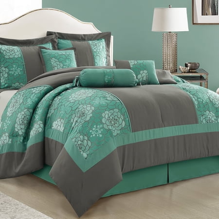 Lanco Aqua Grey Comforter Set King Size, 7 Piece Jacquard Soft Bedding Set, All Season, Bedskirt, Pillows & Shams