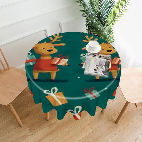 RKSupls 60 Inch Round Tablecloth, Reindeer Gifts Premium Polyester Straight Edge Wrinkle Resistant Washable Table Cover for Party Home Dining Decor