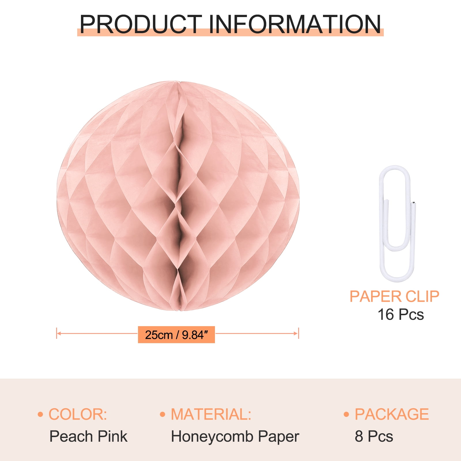 Uxcell 8 Pcs Honeycomb Balls, 10" Dia Honeycomb Flower Paper Pom Poms Paper Flowers Crafts for DIY Crafting Home Decor Birthday Christmas Party, Peach Pink