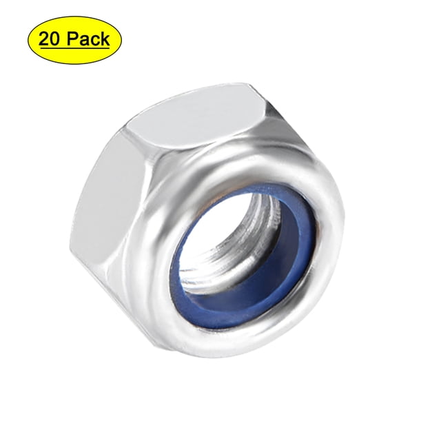 Tuercas de bloqueo hexagonales con inserto de nylon M8 x 1.25 mm, acero al carbono, recubiertas de zinc blanco, 20 piezas