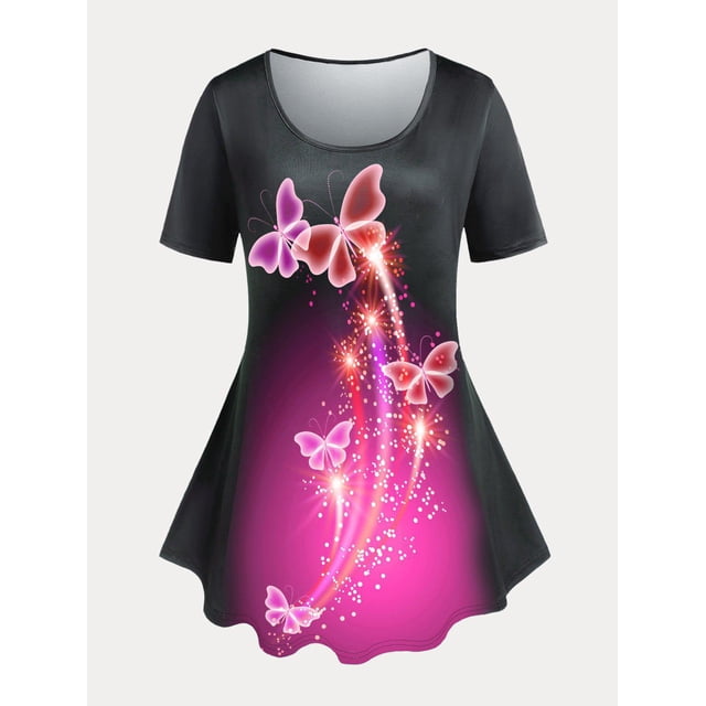 Camiseta en Talla Extra con Estampado de Mariposa y Curvo en Forma de Mariposa Rosegal Camisetas tallas grandes