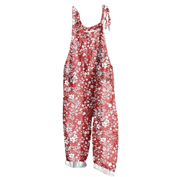 DeHolifer Plus Size Jumpsuits for Women Hawaii Style Printed Overalls Sleeveless Cuffed Casual Vacation Bib Jumpsuit with Pocket Red 5XL