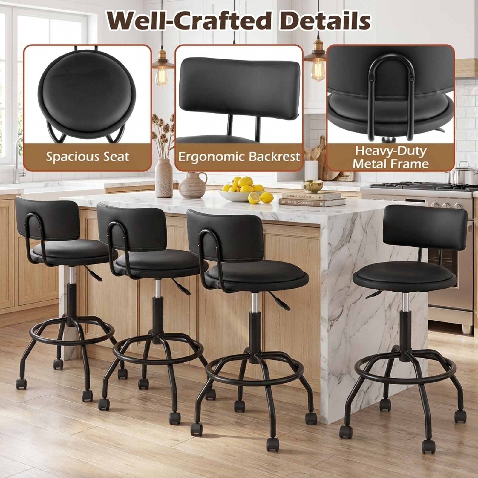 Furnibear Modern Swivel Height Adjustable Bar Stool with Backrest for Kitchen Island Counter Bar Pub Dining Home, Black