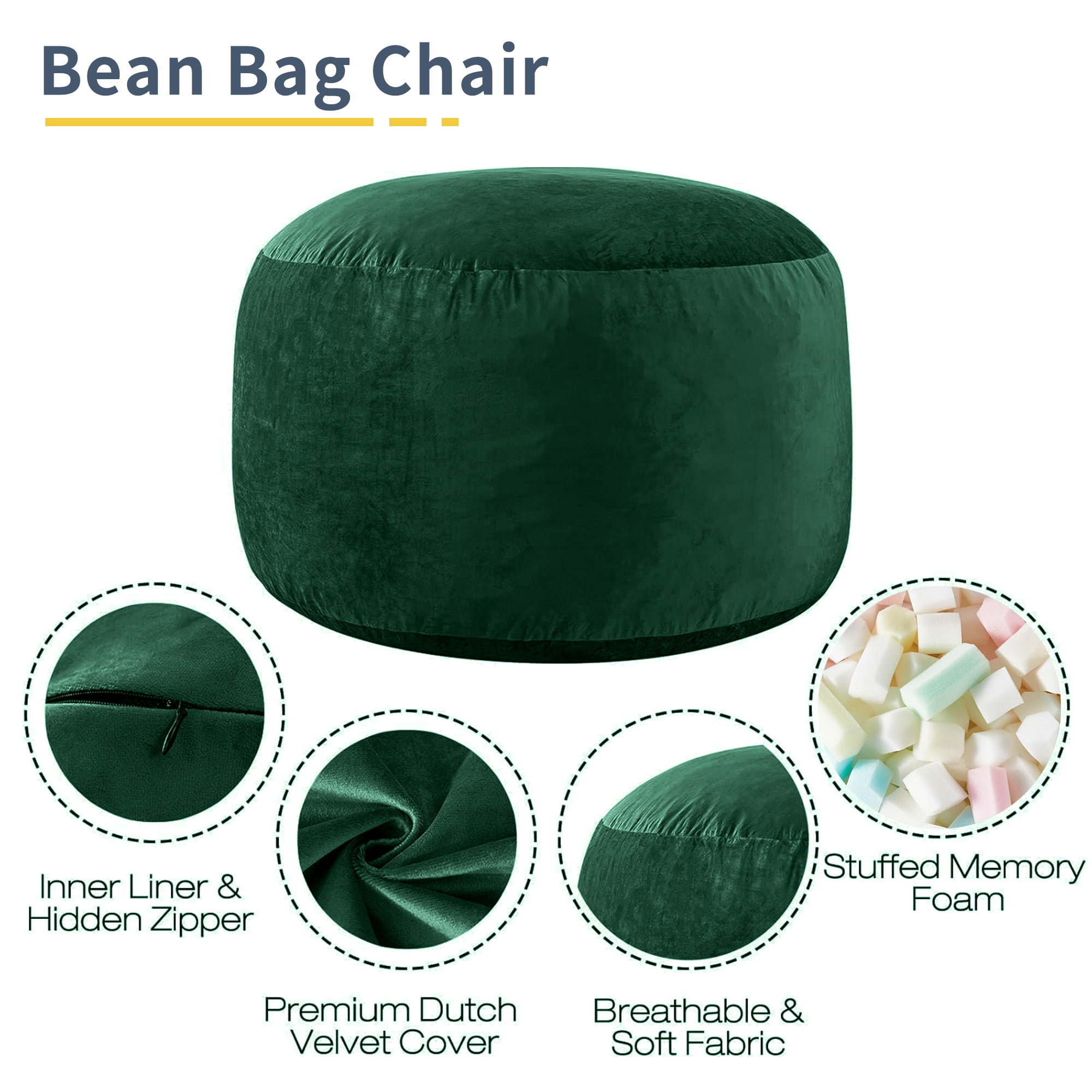 XIECUVA Bean Bag Chair Stuffed with Foam For Adults，Folding Beanbag Chairs Lounge Sofa Bed，Medium Size Memory Foam Mattress，5 ft