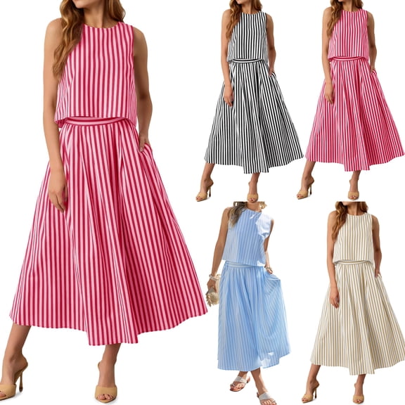 Women's Bohemian 2 Piece Tank Top and Midi Skirt Set Striped Beach Vacation Resort Wear Casual Comfort Outfits, Black, L