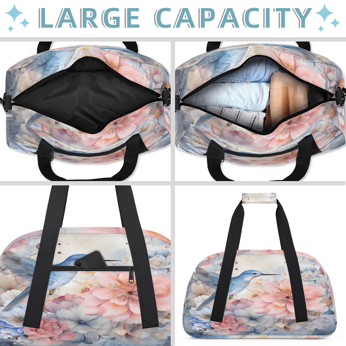 Herdesigns Flower Floral Sports Duffle Bag for Women & Men, Hummingbird Gym Bag Dance Bag Overnight Bag Carry On Weekender Travel Bag
