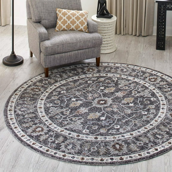 Unique Loom Eco Traditional Collection Area Rug - Coherance (3' 3" Round Charcoal Gray/Ivory)