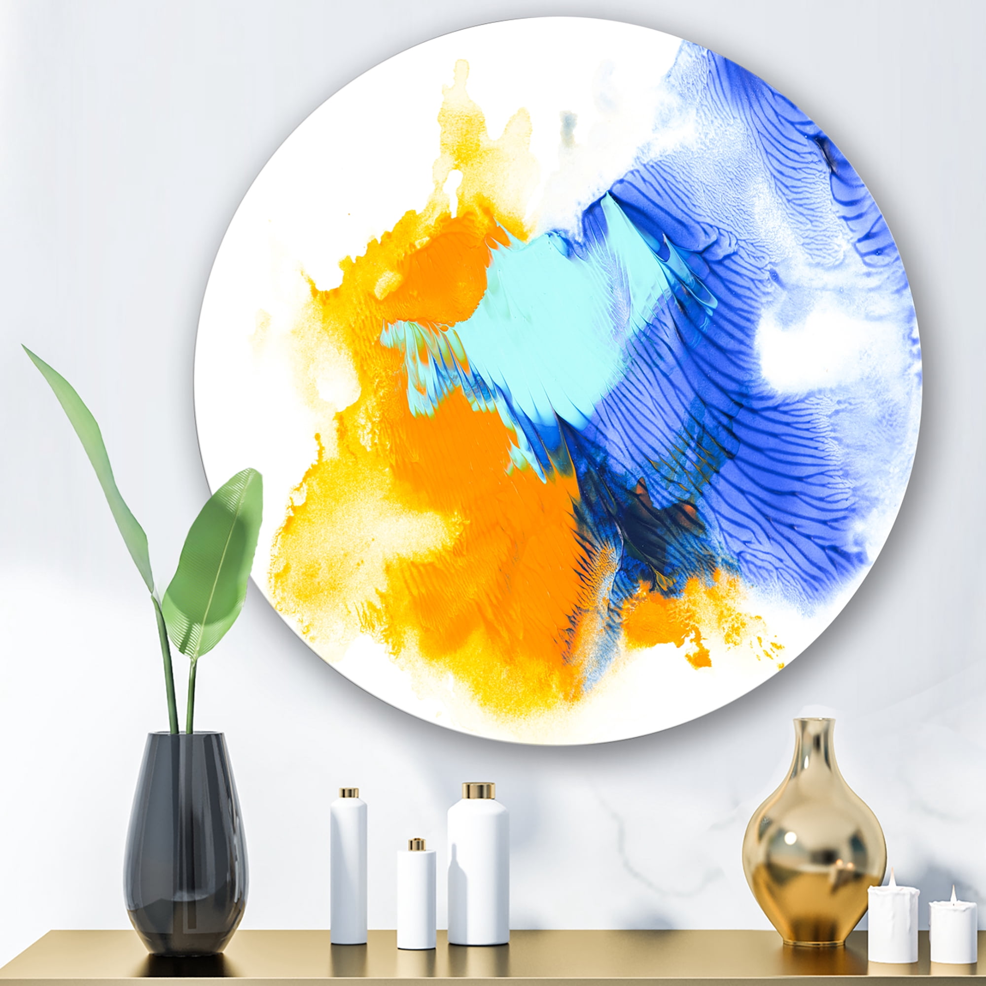 Designart 'Abstract Orange and Blue Clouds' Modern Circle Metal Wall Art 11x11 - Disc of 11