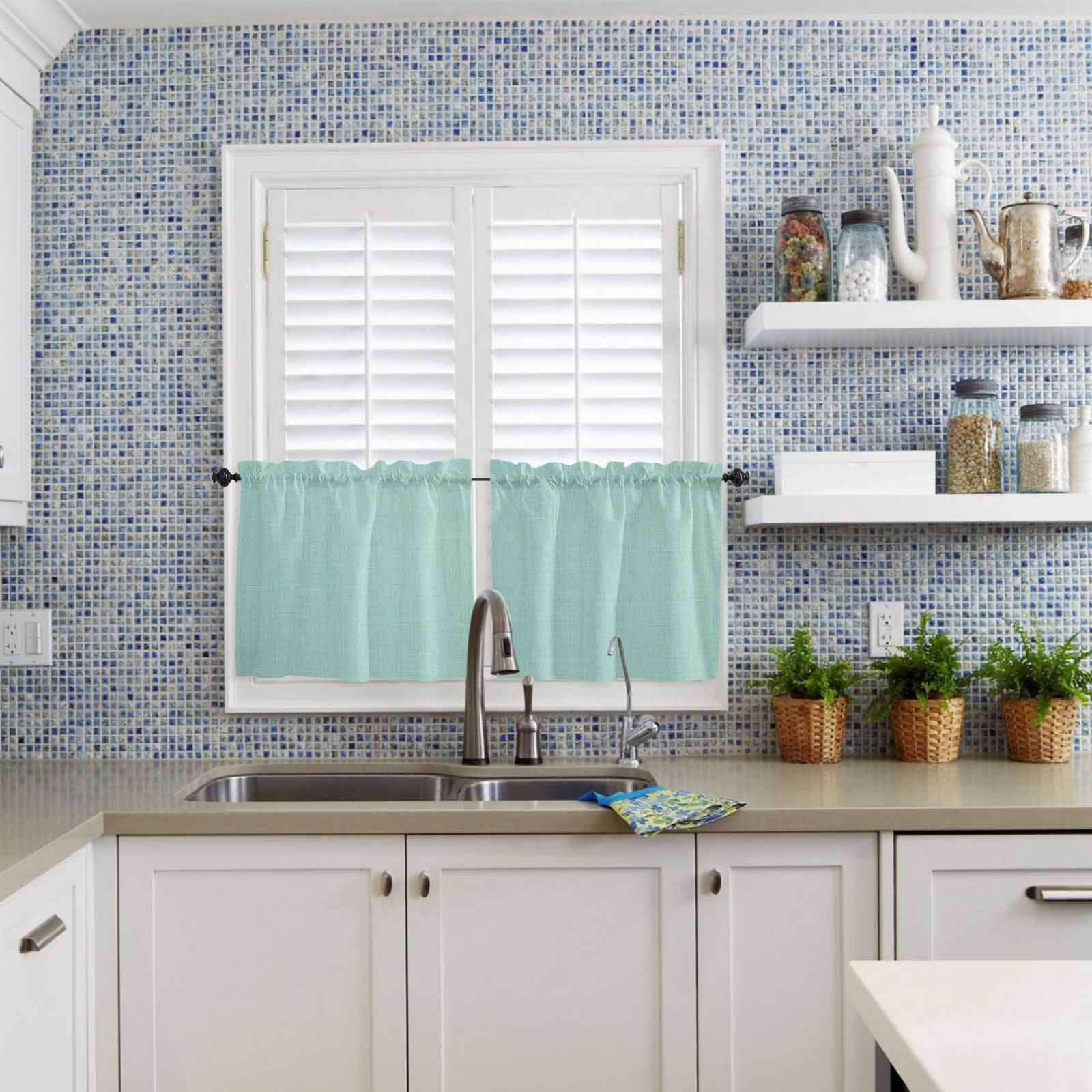 Mint Green Kitchen Curtains Valances and Tiers Solid Color Retro Linen Tier Curtains and Valance Rod Pocket Valance Curtains Set for Kitchen Bathroom Small Windows 27.5"W x 24"L, 3pcs