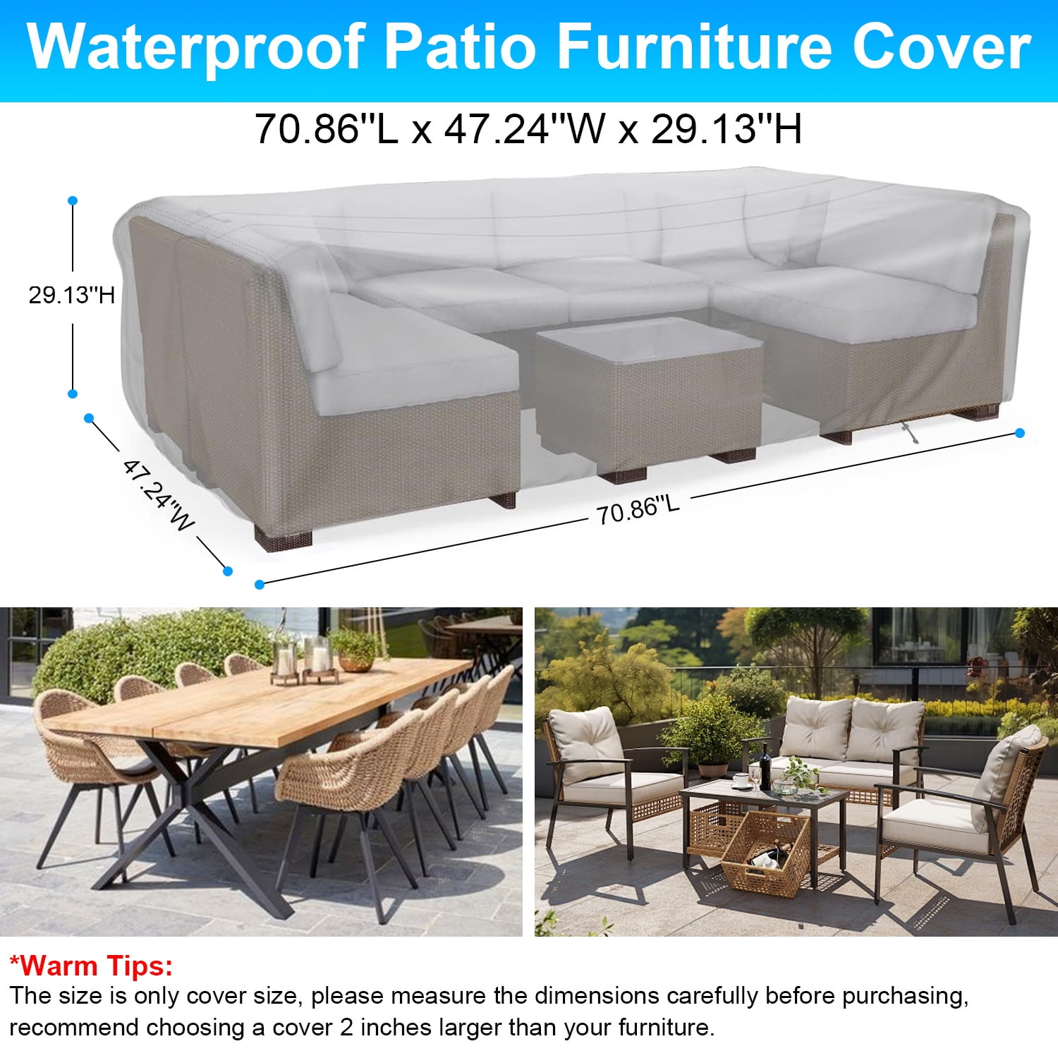 Patio Furniture Covers, Outdoor Furniture Cover Waterproof, General Purpose, Outside Table and Chair Covers, Heavy Duty Oxford Patio Table Cover for Outdoor Table Chair Sofa(70.86"L×47.24"W×29.13"H)