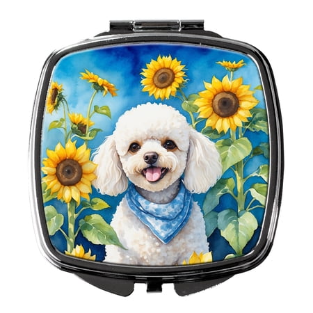 White Poodle in Sunflowers Compact Mirror 2.75 in x 3 in