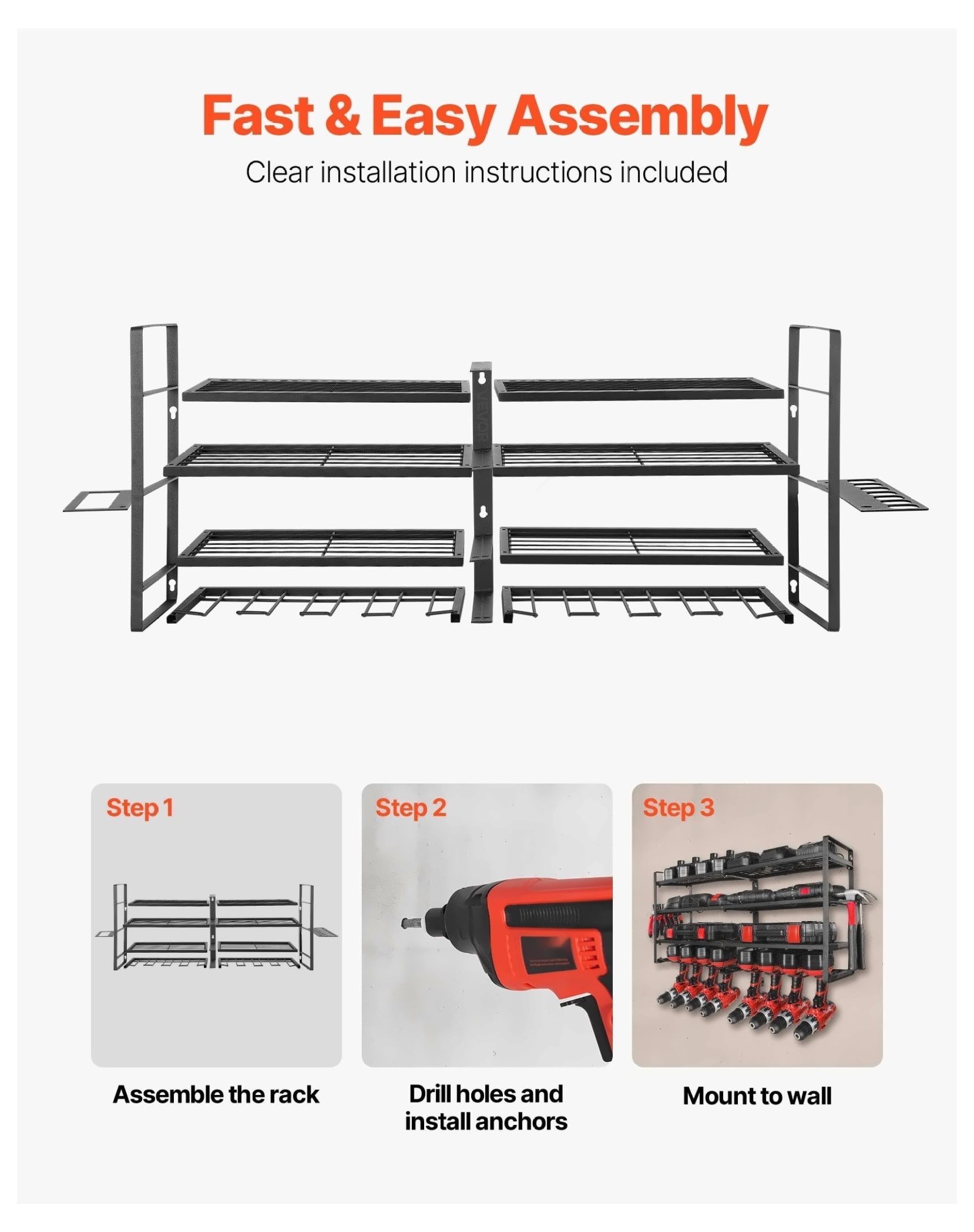 Power Tool Organizer Wall Mount, 4-Tier Garage Storage Rack with Drill Holders, Screwdriver Holder, Heavy Duty Tool Rack for Workshop, Workbench, Garage