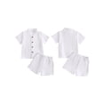 thumbnail image 2 of BemeyourBBs Toddler Baby Boy Summer Clothes 2 Pieces Cotton Linen Outfit Solid Color Mock Neck Short Sleeve Button Down Shirt and Shorts Set, 2 of 9