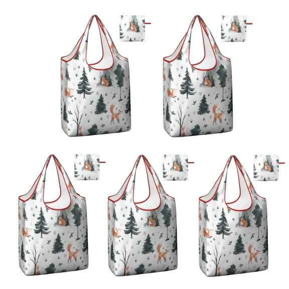 5 Pack Foldable Shopping Bag,Multicolor Christmas Forest Pattern Reusable Grocery Bags with Pockets,Large Reusable Tote Bags with Handles Waterproof & Lightweight